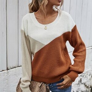 Colorblock Knit Sweater - Cream and Brown